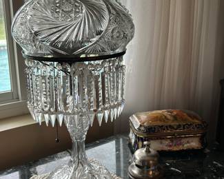 American Brilliant cut glass lamp with crystal prisms.  21” Circa 1920 .