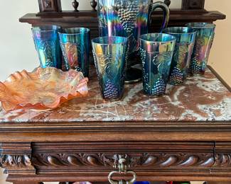 Carnival Glass pitcher and tumblers. Iridescent Grape. 