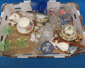 Lot 35. Vintage glassware including salt dishes, green goblets, salt and peppers, and much more