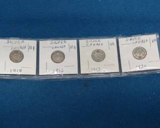 Lot 352. Four Silver Canadian Dimes: 1916, 19176, 1919, all .925 % silver, and 1936 .80% silver.