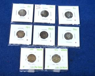 Lot 358. Eight silver Barber dimes. See photos for dates.