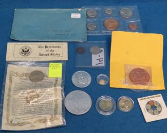 Lot 200. Coin Stew including a silver Canadian quarter, 1974 D proof set, Monroe $1 coin and more