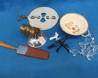 Lot 82. Unusual child's warming dish, prisms, Brainerd knife, and more