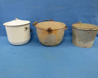 Lot 383. Three vintage pails including one porcelain.  All have good handles.