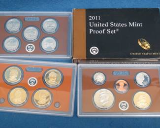 Lot 239. 2010 and 2011 US Mint Proof sets including 5 state quarters and 4 Presidential Dollar coins in each set