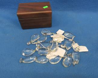 Lot 16. Fifteen crystal prisms in a metal recipe box