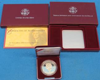 Lot 114. 1993 US Mint Thomas Jefferson 250th Anniversary Silver Dollar.  90% silver. 26.730 gr.