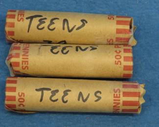 Lot 317. Three rolls of about 50 pennies each marked by the Seller as "Teens" and unsorted by AAA.