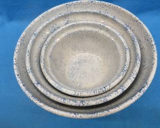 Lot 56. Stacking mixing bowls.  12",10", and 8".  Possible Monmouth.  Excellent condition.