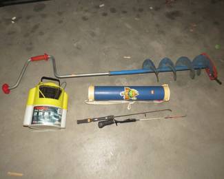 Lot 132. Ice fishing gear including an 8" auger, two tip-ups, and more