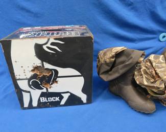 Lot 93. Block Black archery target and LaCrosse waders, size Medium 10. Seller says they do not leak
