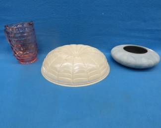 Lot 199. Glass pitcher, lamp shade, and a pottery bowl