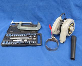 Lot 360. Socket set, blower, large C-clamp, and an oil filter wrench