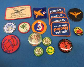 Lot 32. Military and other patches. Pinback buttons, including two Anoka Halloween buttons.