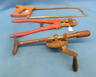 Lot 183. Vintage chest drill, meat saw, and universal key