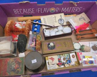 Lot 244. Vintage Little League baseball and other sports collectibles, State Fair pinback with whistle, and more