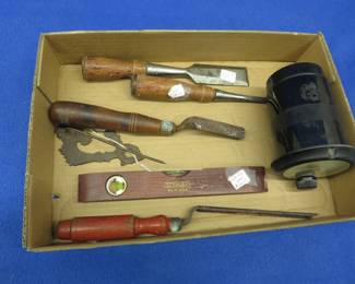 Lot 41. Vintage small wooden Stanley level, wooden-handled tools, and more