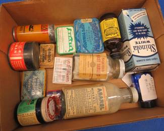 Lot 196. Vintage medicine cabinet items and other tins or containers