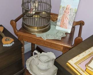 Birdcage, stand, pitcher and bowl