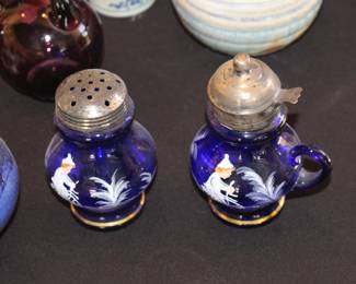 Vinttage cobalt blue hand painted syrup jar and shaker