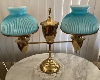 Vintage brass blue milk glass lamp