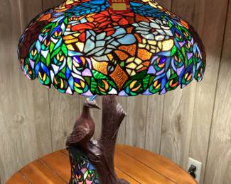 StunningTiffany style peacock lead glass lamp 