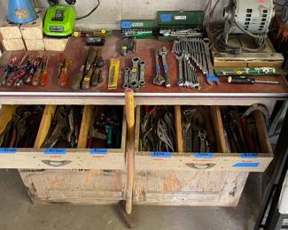 S-K and Craftsman tools.  Misc. pliers, tin snips, pipe wrenches, vice grips, screw drivers bench grinder, levels, socket sets,