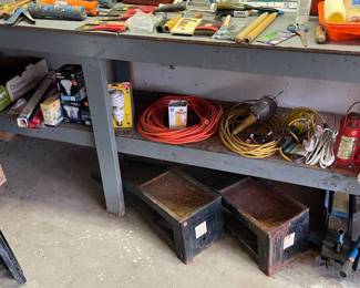 Floor jack, Jack stands, hydraulic jack, car ramp, extension cords and shop light.
