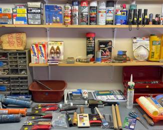 Tap and Die Set, Craftsman socket set, caulk guns, painting supplies.