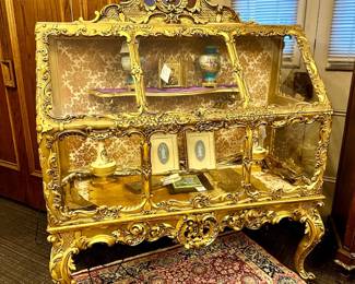 Incredible French Style Gilt Carved Wood Display Case Front Side Entry Solid Great condition  52” wide / Upscale Presentation