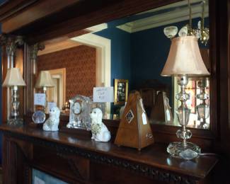 Waterford clock, Glass lamps and Waterford globe with new dogs and metronome.