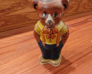 Vintage 1940s J Chein Wind Up Walking Dressed Bear Tin Toy