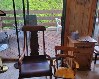 Vintage adult rocker and child's rocker, stained glass lamps