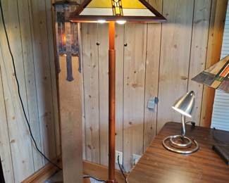 Custom stained glass shade wood floor lamp - stunning in person