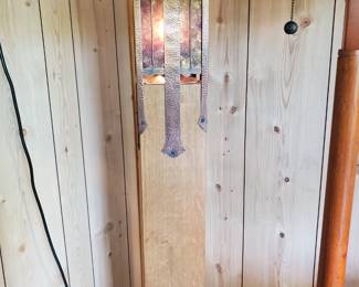 This custom 5' tall wood lamp base has a stained glass feature/with a metal Craftsman style accent