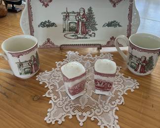 Johnson Brothers Pink British Castles. Platter, mugs, salt & pepper shakers