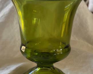Avocado green footed vase. Depression glass