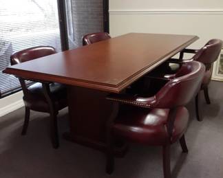 Conference table & 4 burgundy chairs; 38 W X 84" L; $495