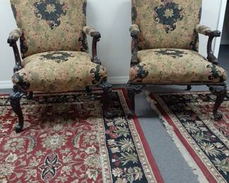 Pair of ornately carved king & queen dolphin motif upholstered chairs; 1950; $395