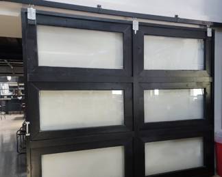 Beautifully stunning double wood and glass paned sliding barn door with track and frame!