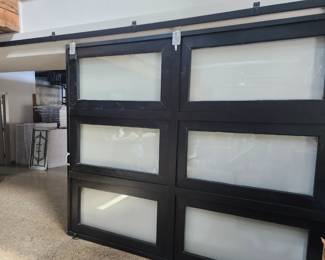 Beautifully stunning double wood and glass paned sliding barn door with track and frame!
