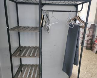 Metal and wood coat rack and shelving unit