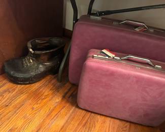 Luggage and a Large Bronze Baby Shoe Planter