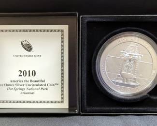 2010 5 Ounce .999 Fine Silver America The Beautiful Hot Springs National Park, With Quarter Image On Reverse