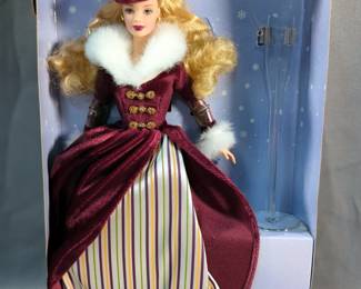 1995 Winter Velvet Barbie, 1996 Winter Rhapsody Barbie, And 2000 Victorian Ice Skater Barbie, All Avon Exclusives For Avon Employees, All In Boxes