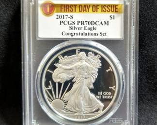 2017 S American One Dollar 1 Oz. Silver Walking Liberty First Day Of Issue PCGS PR70DCAM Congratulation Set Coin