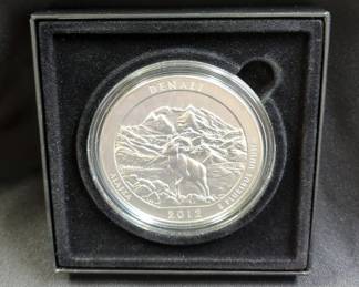 2012 5 Ounce .999 Fine Silver America The Beautiful Denali, With Quarter Image On Reverse, With Box And Certificate Of Authenticity