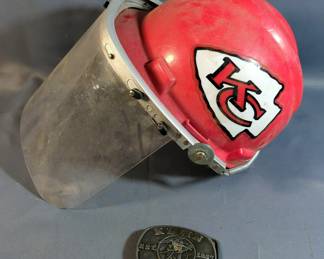 Kansas City Chiefs Hard Hat With Face Shield And Klein Tools Metal Belt Buckle