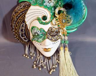 Venetian Ceramic Masks, Qty 3, Blue, Red, And Green, Each With Artist's Signature, Approx 9" x 10"