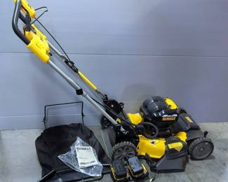 Dewalt 2 x 20V Max* Self-Propelled Lawn Mower, Model DCMWSP244, With 20V Max* Batteries, Qty 2, Dewalt Battery Chargers, Model DCB107, Qty 2, Leaf/Clippings Bag, And Paperwork, Untested